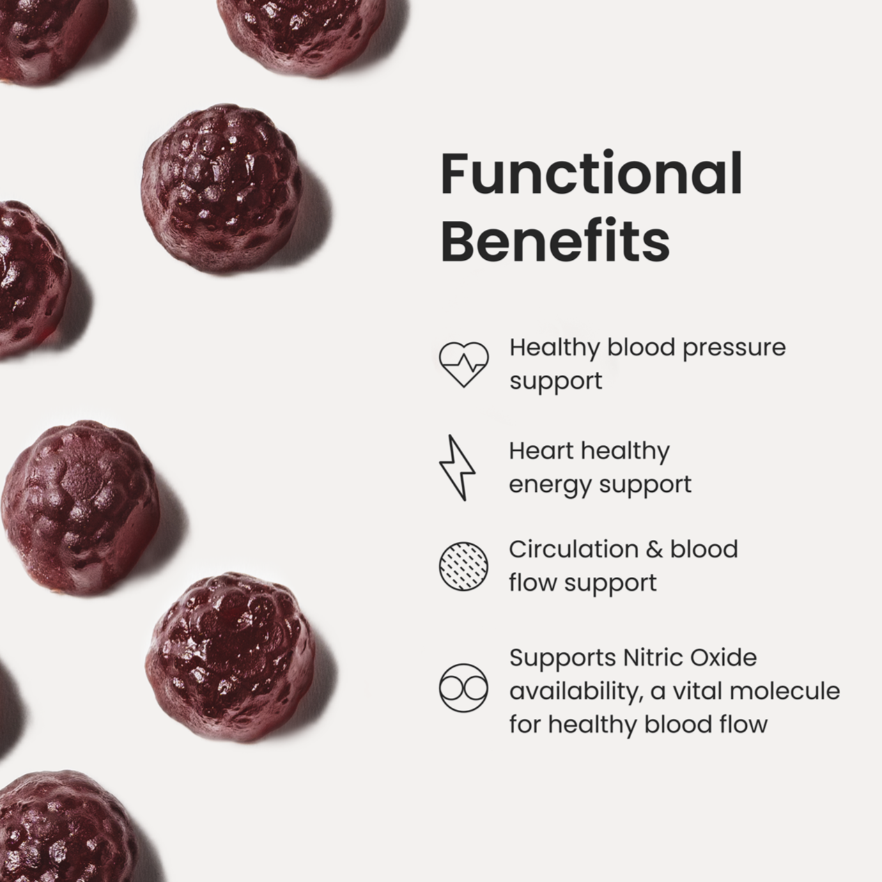 Berry gummies with text listing functional benefits on a white background