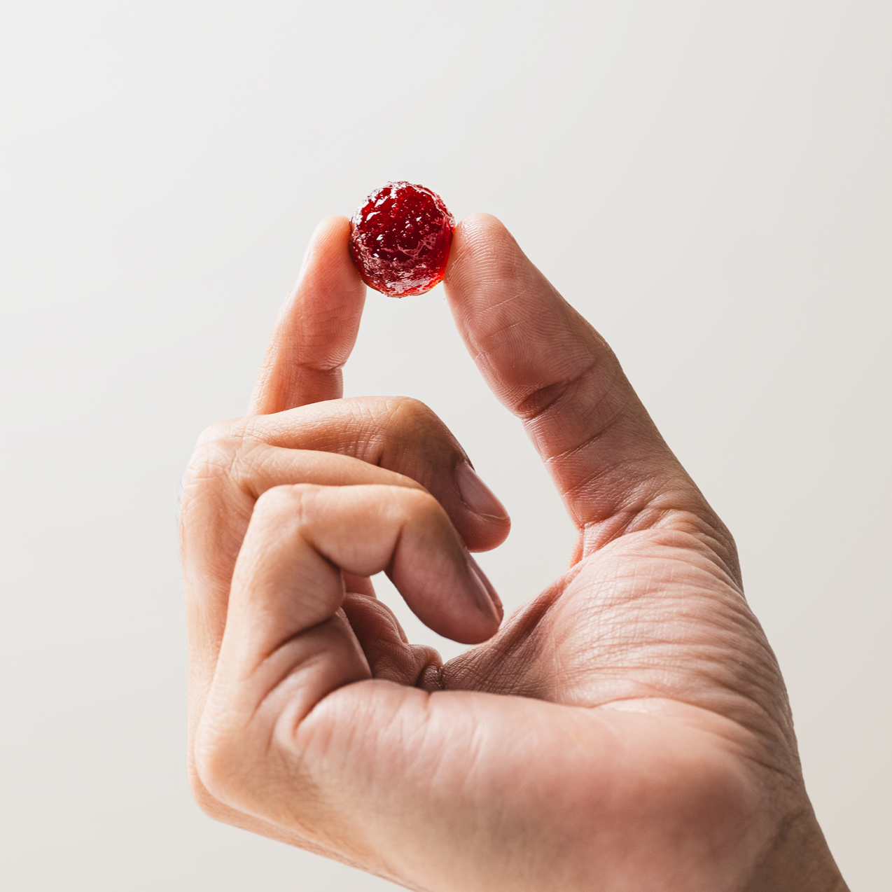 Hand holding a small red dried fruit against a plain background