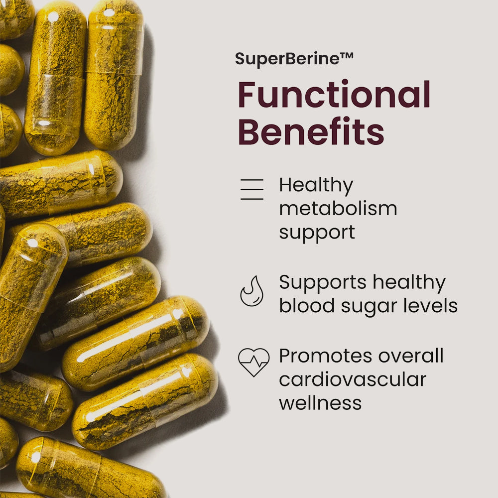 Image of Berberine Capsules on the left with text on the right listing Functional Benefits
