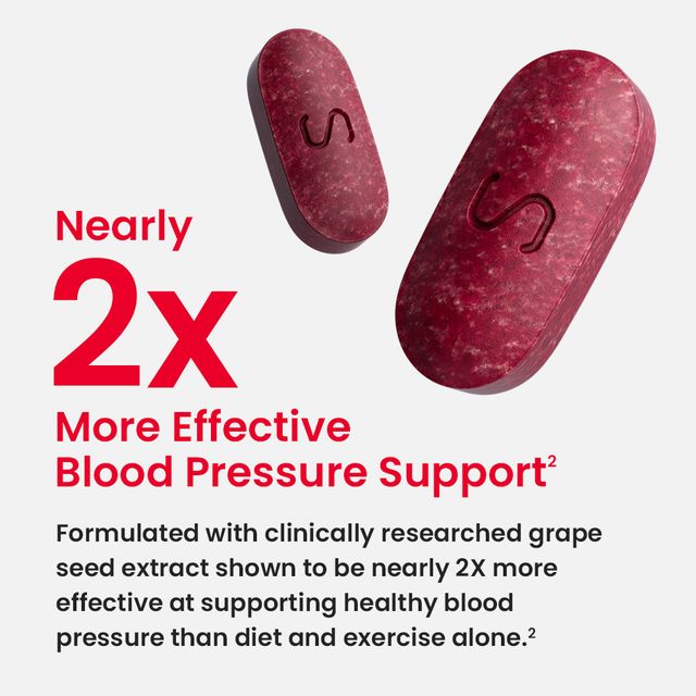 Two Heart Tablets with text 'Nearly 2x More Effective Blood Pressure Support'