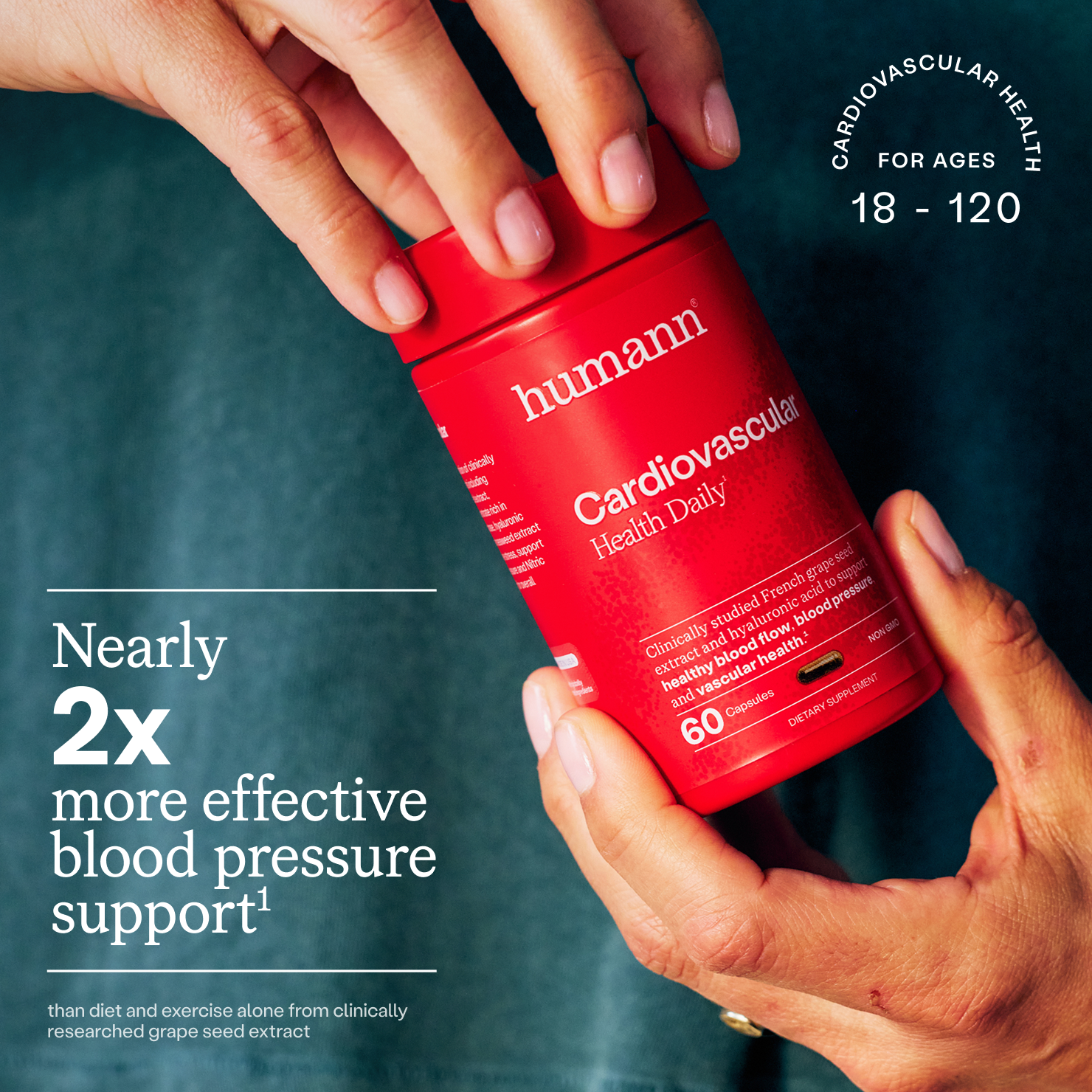 Cardiovascular Health Daily bottle held in two hands with text 'Nearly 2x more effective blood pressure support'