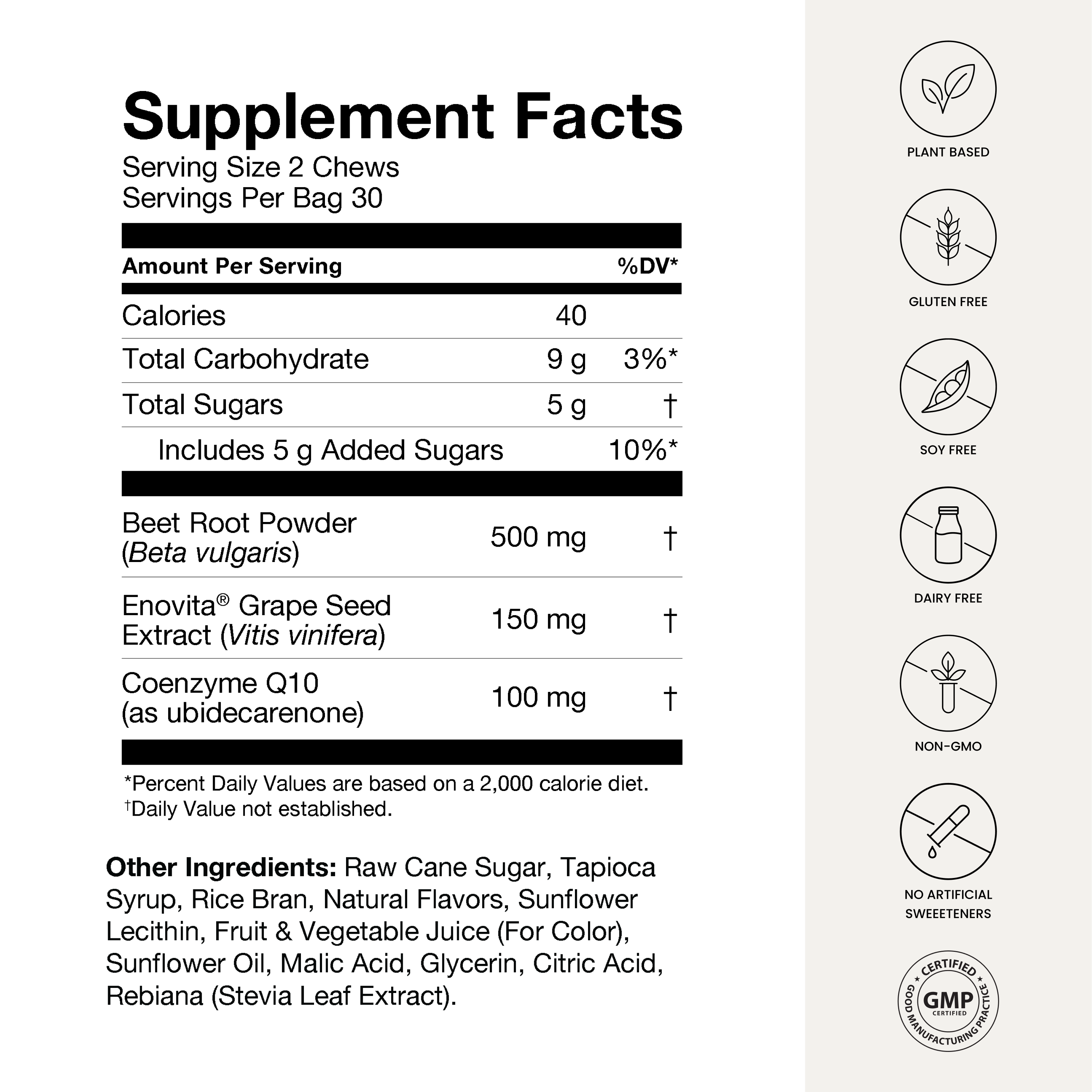 Supplement Facts label for Heart Chews