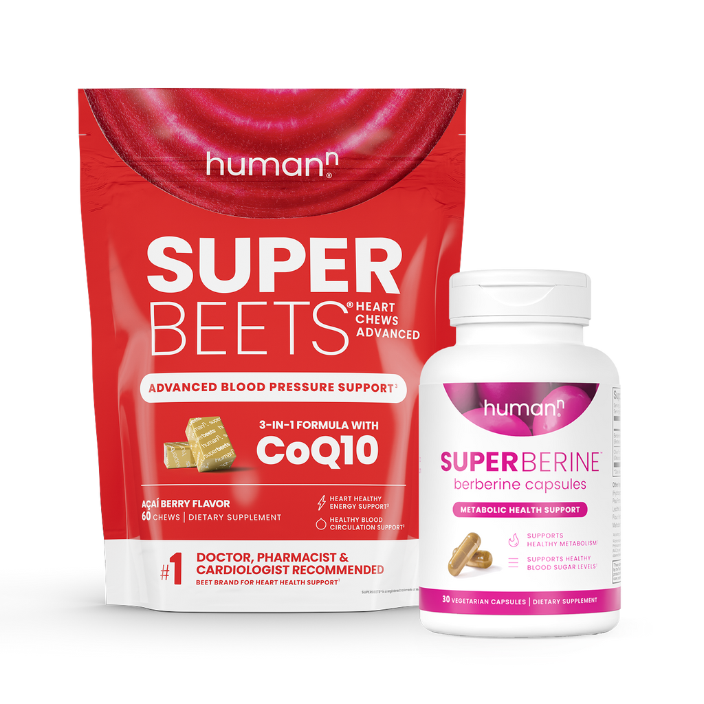 SuperBeets Heart Chews Advanced bag and SuperBerine Berberine Capsules bottle
