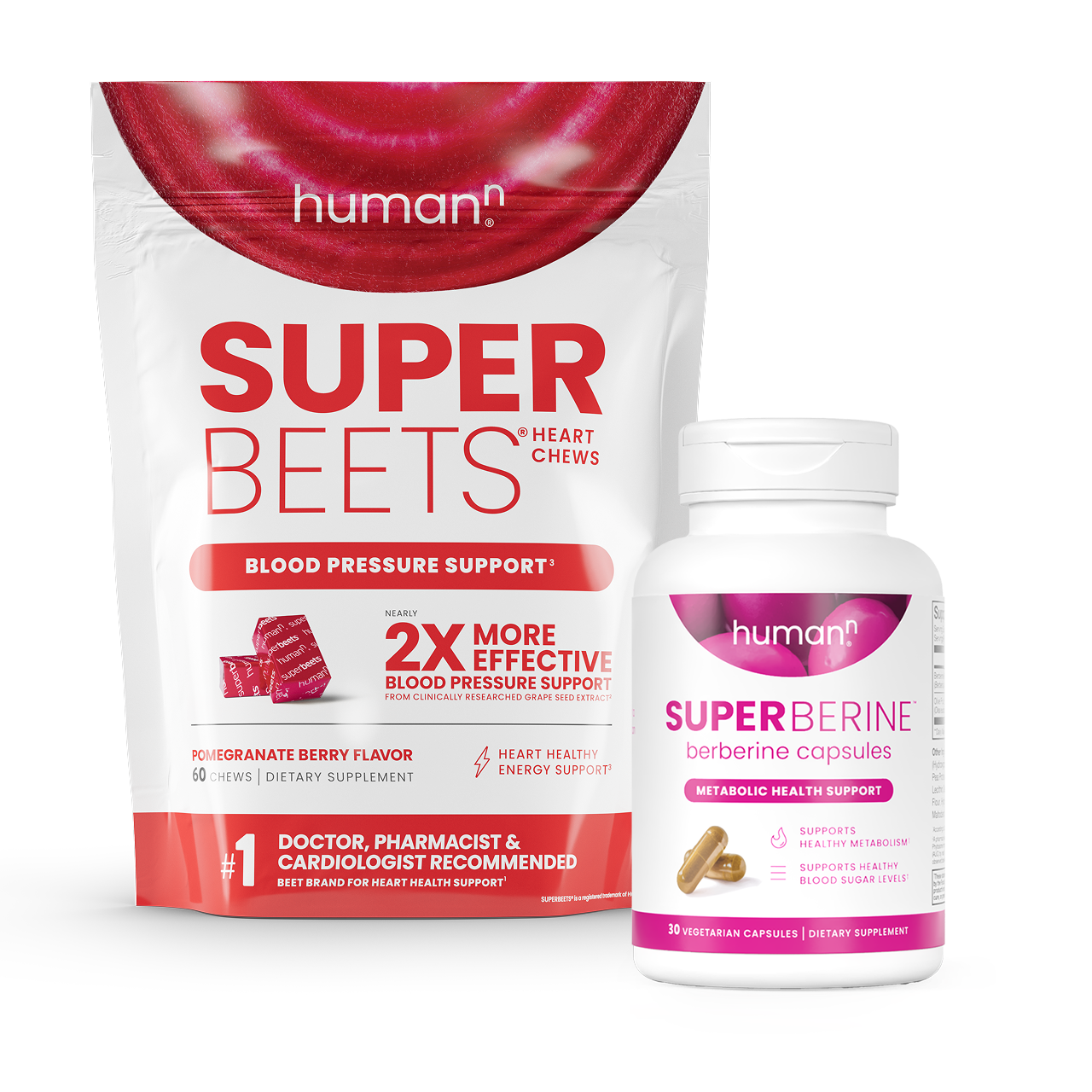 SuperBeets Heart Chews bag and SuperBerine Berberine Capsules bottle