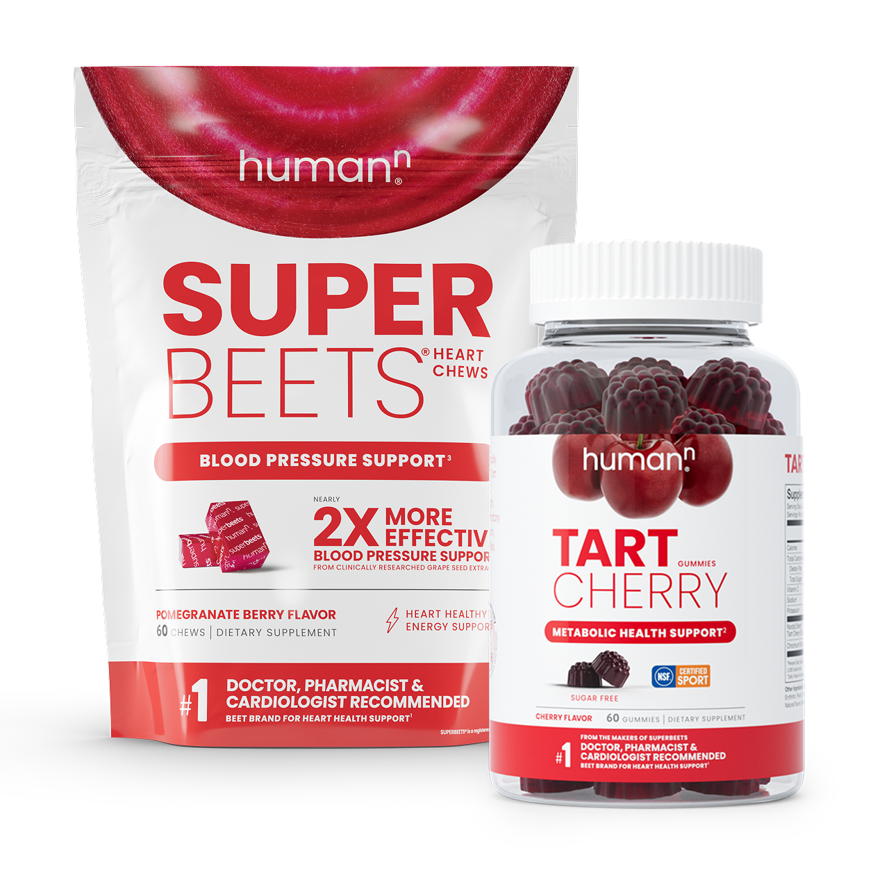 SuperBeets Heart Chews bag and Tart Cherry Gummies bottle