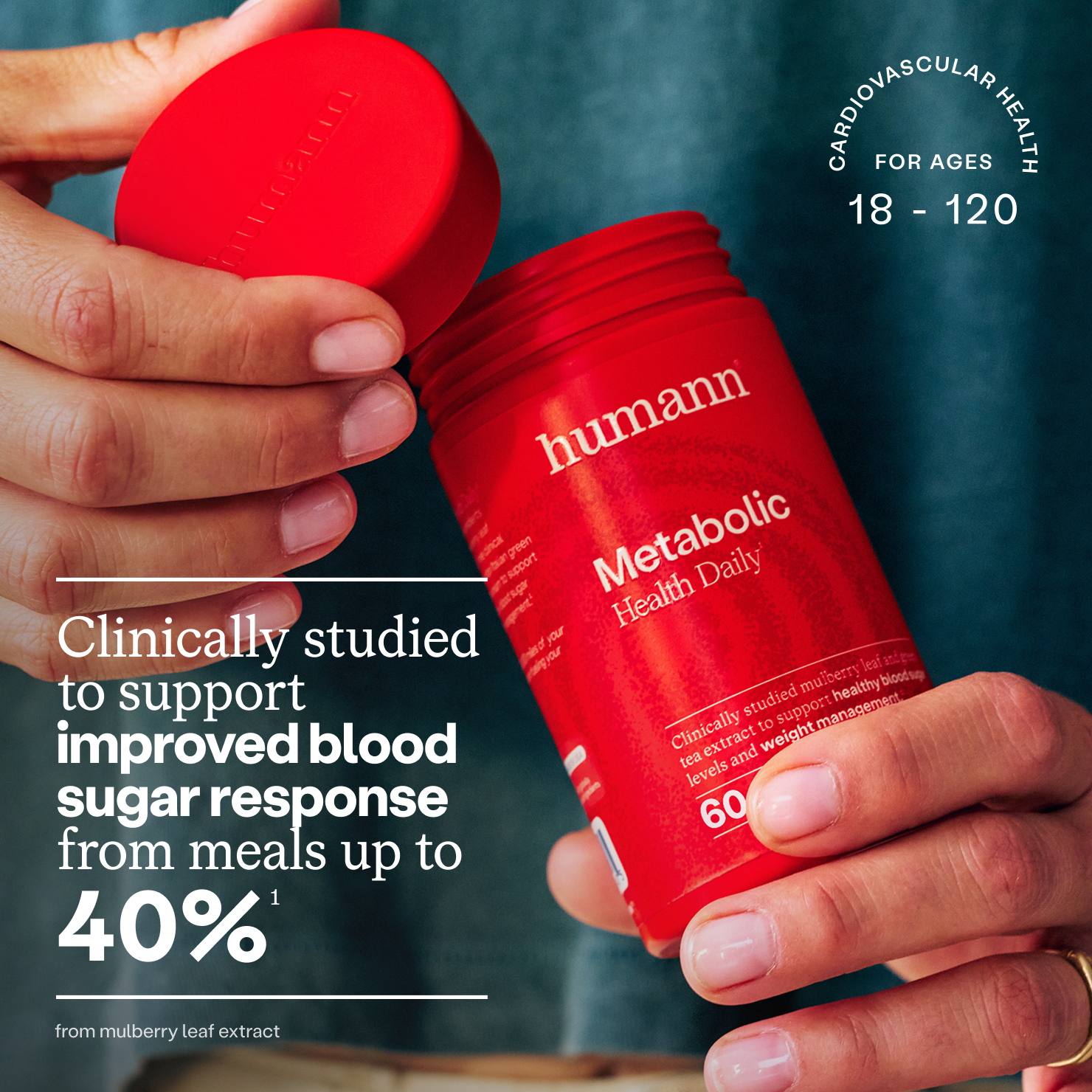 Metabolic Health Daily bottle with text 'Clinically studied to support improved blood sugar response from meals up to 40%'