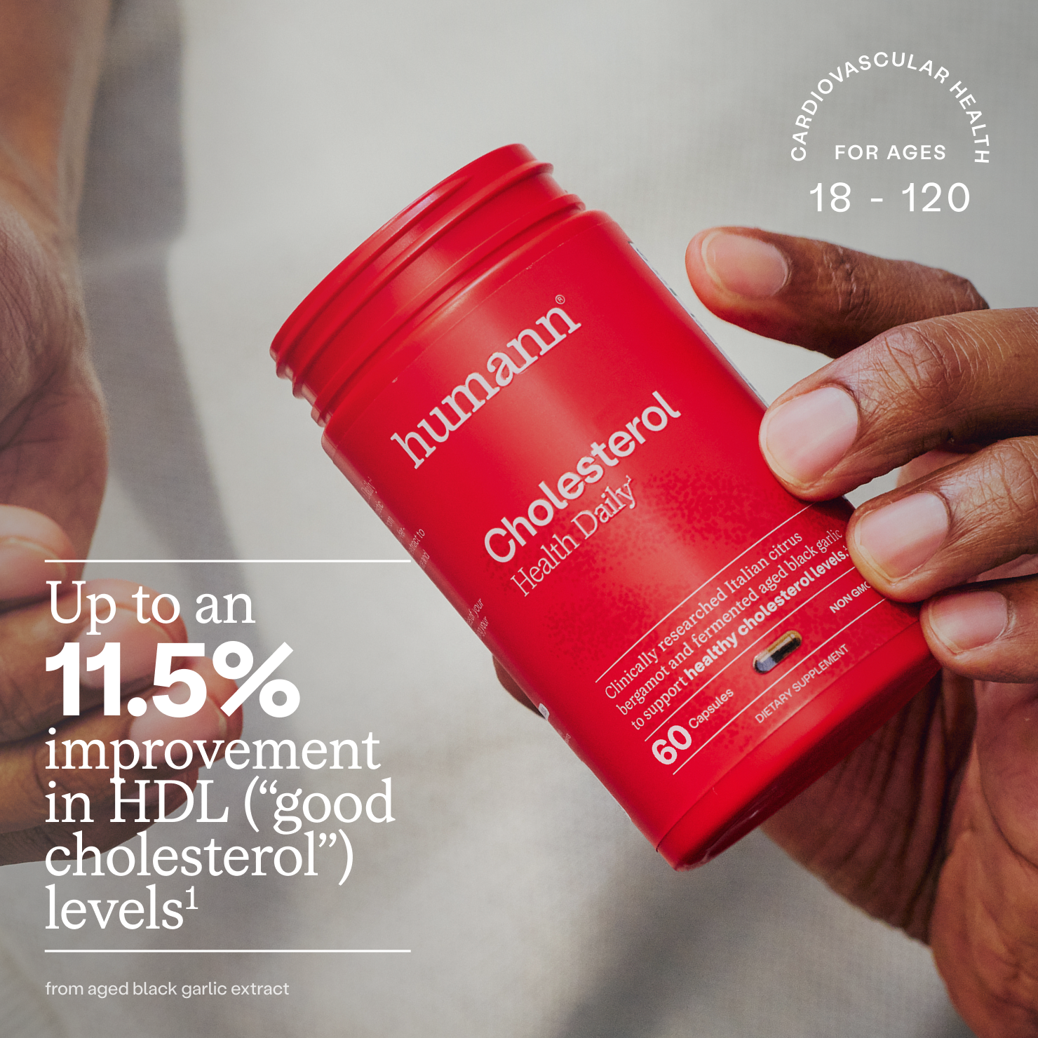 Cholesterol Health Daily bottle held in hand with text 'Up to an 11.5% improvement in HDL (good cholesterol) levels