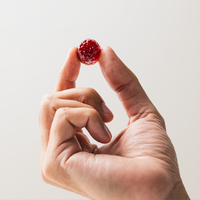 Hand holding a gummy against a plain background