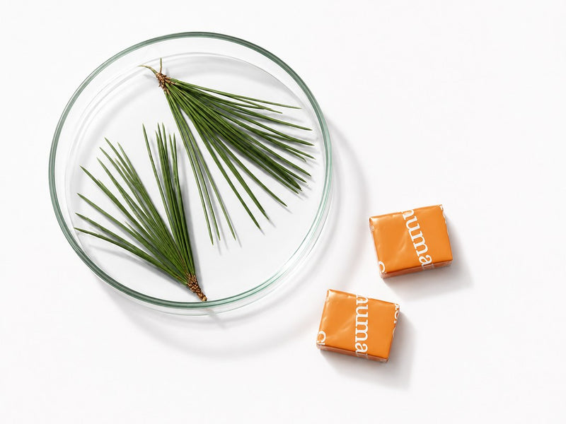 Pine needles in a glass dish beside Cholesterol Daily Chews