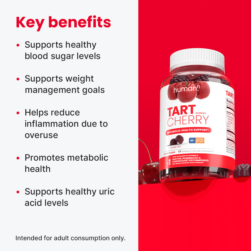 Tart Cherry Gummies bottle with key benefits listed