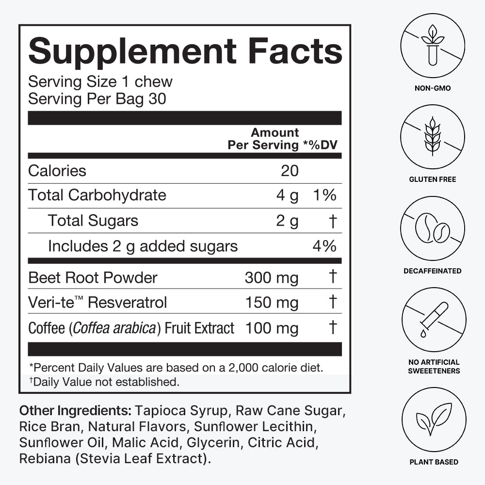 Supplement Facts label for Memory & Focus Chews