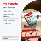 SuperBeets Memory & Focus Chews bag with key benefits listed