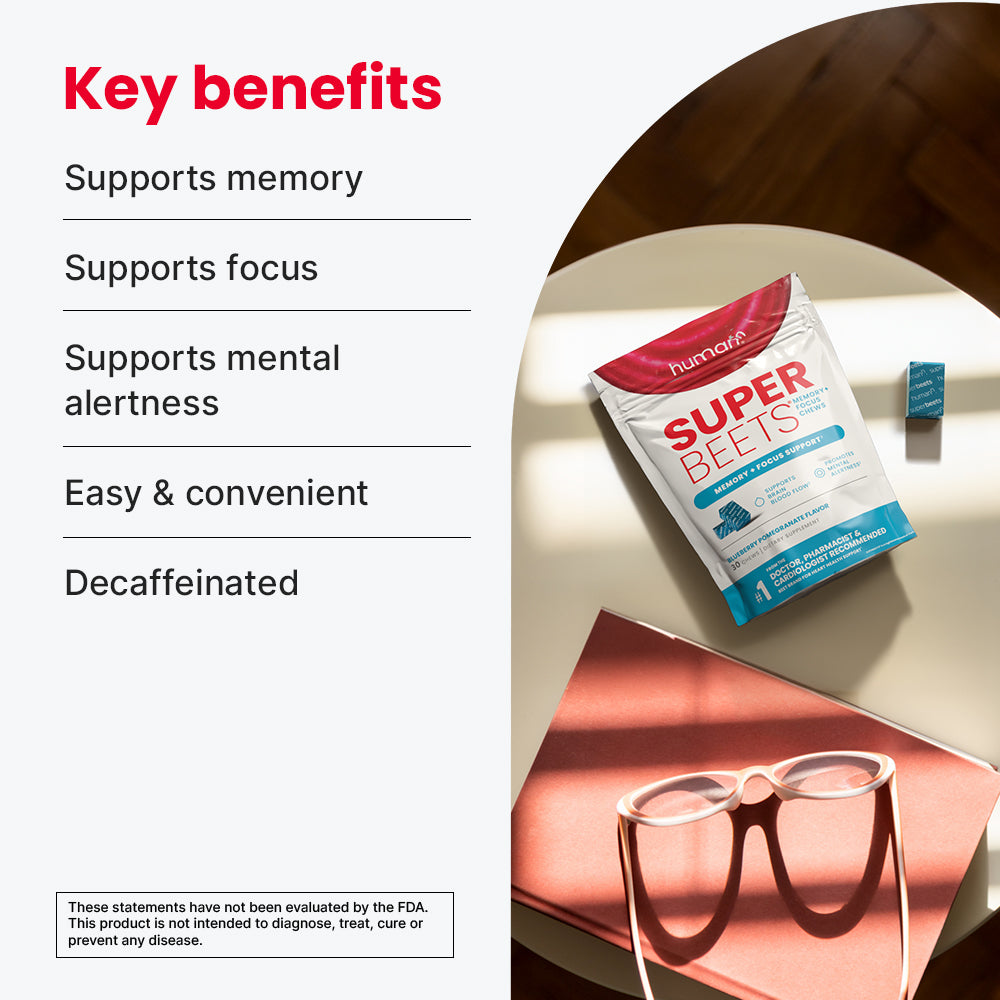 SuperBeets Memory & Focus Chews bag with key benefits listed