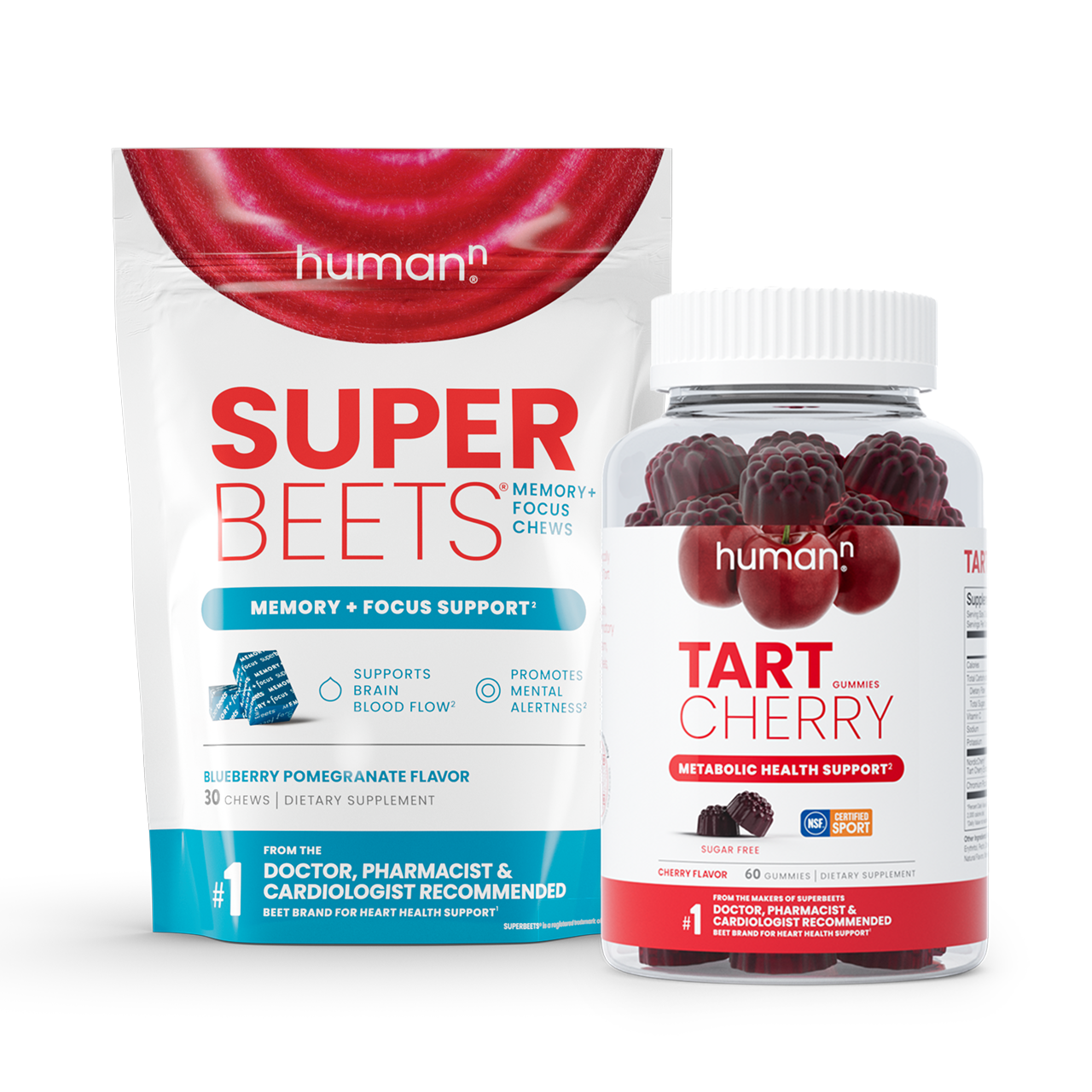 SuperBeets Memory & Focus Chews bag and Tart Cherry Gummies bottle