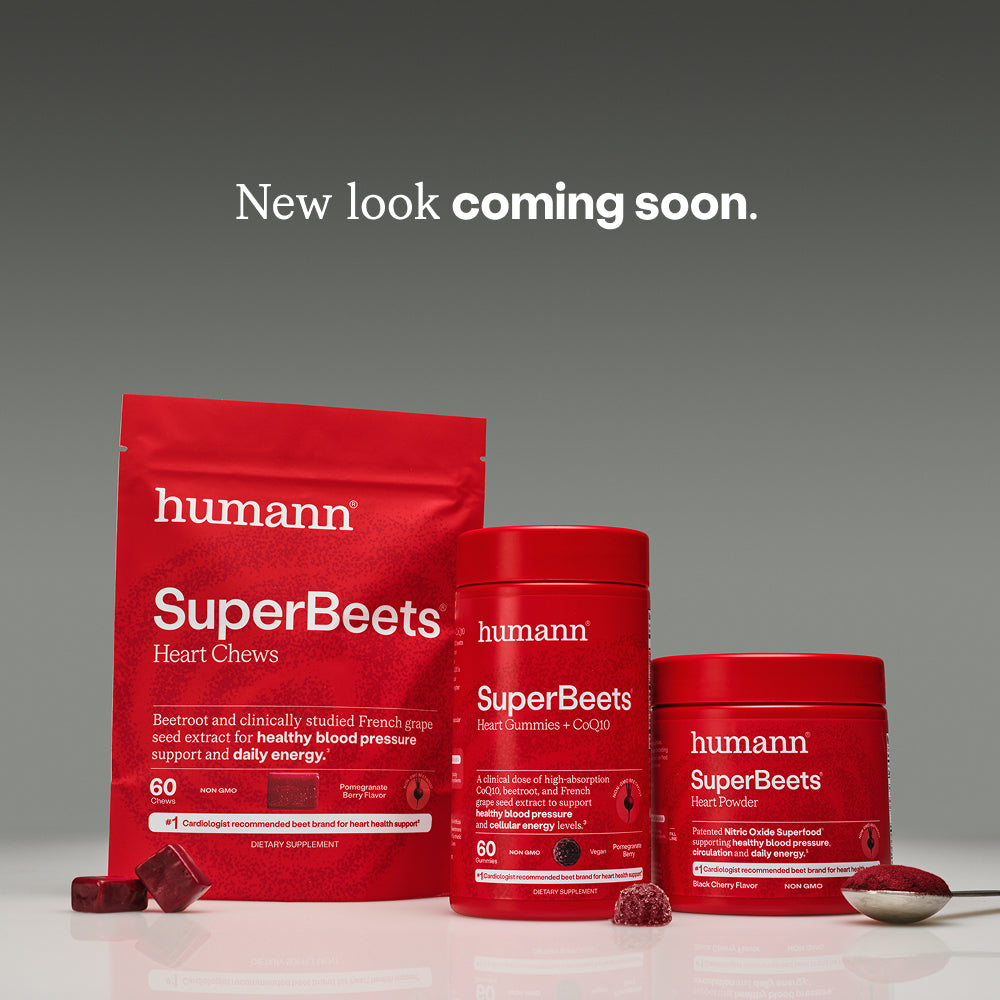 Red humann SuperBeets products on a gray background with 'New look coming soon' text.