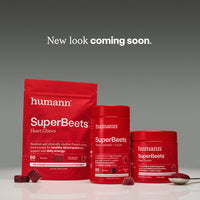 Red humann SuperBeets products on a gray background with 'New look coming soon' text.