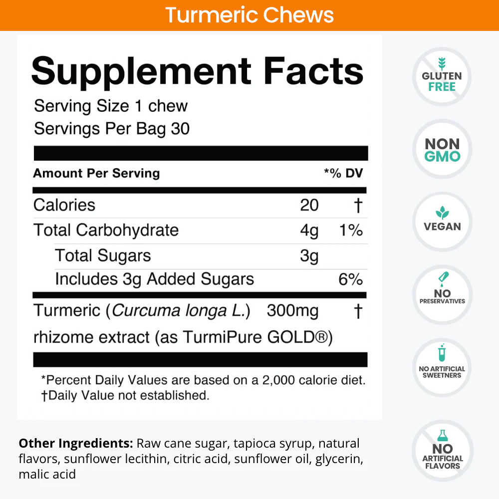 Supplement Facts label for Turmeric Chews