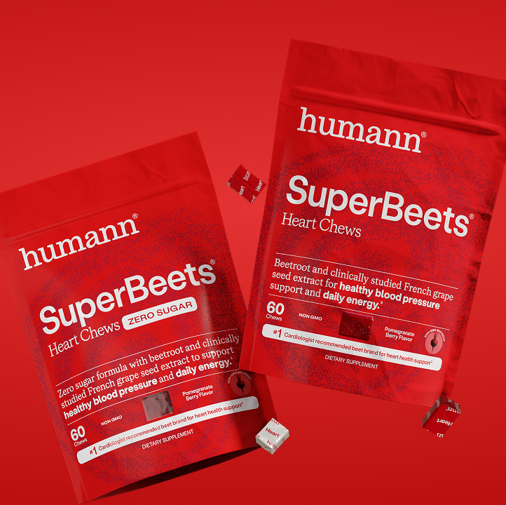 Two Humann SuperBeets Heart Chews stand-up pouches, one showing original and the other showing zero sugar.