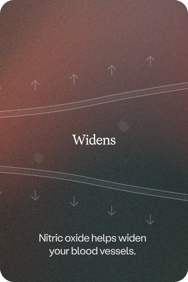 A dark informational graphic with white text reading 'Widens' and 'Nitric oxide helps widen your blood vessels,' plus simple arrows and vein-like line illustrations.