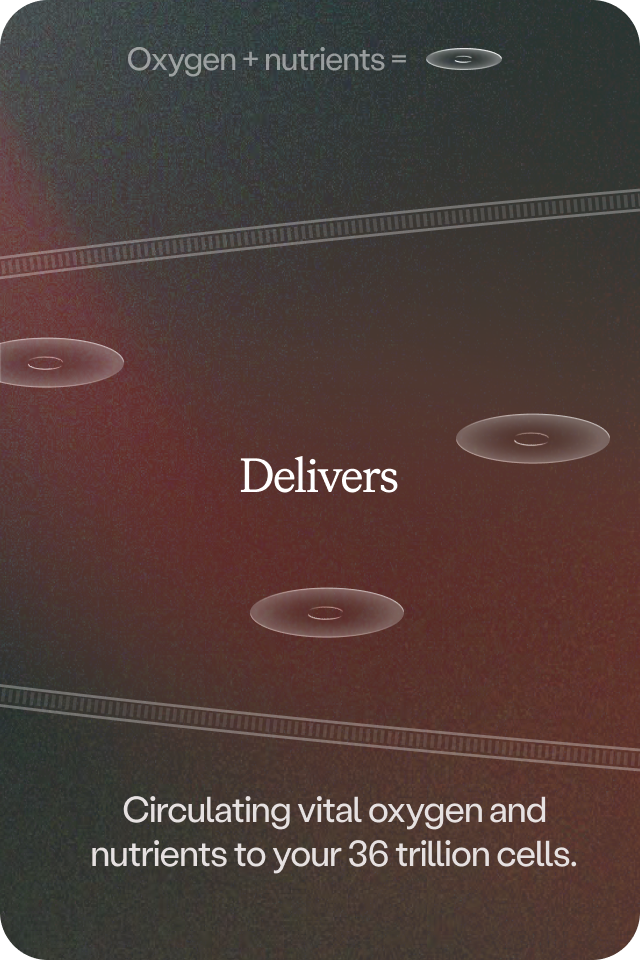 A dark promotional graphic with white text reading 'Oxygen + nutrients = Delivers' and 'Circulating vital oxygen and nutrients to your 36 trillion cells.' The background is a dark gradient with subtle red and black tones and faint circular diagram elements.