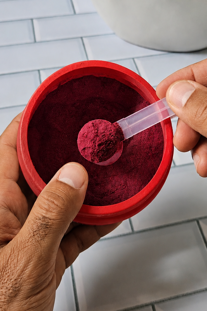 A close-up of a person's hands holding a red round container filled with dark red powder, using a small clear scoop to transfer the powder.