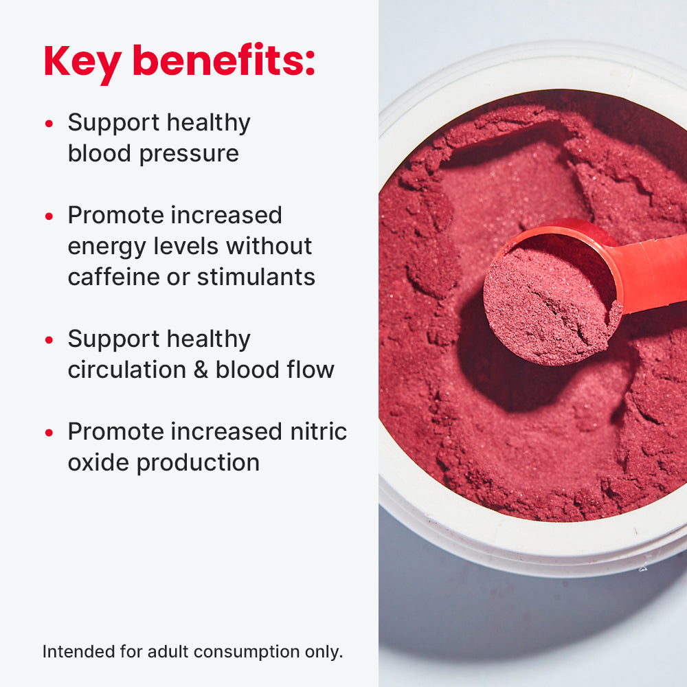 Heart powder in a scoop with key benefits listed