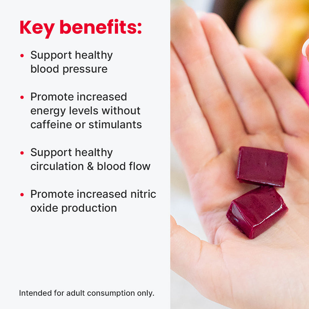 Hand holding chews with key benefits listed