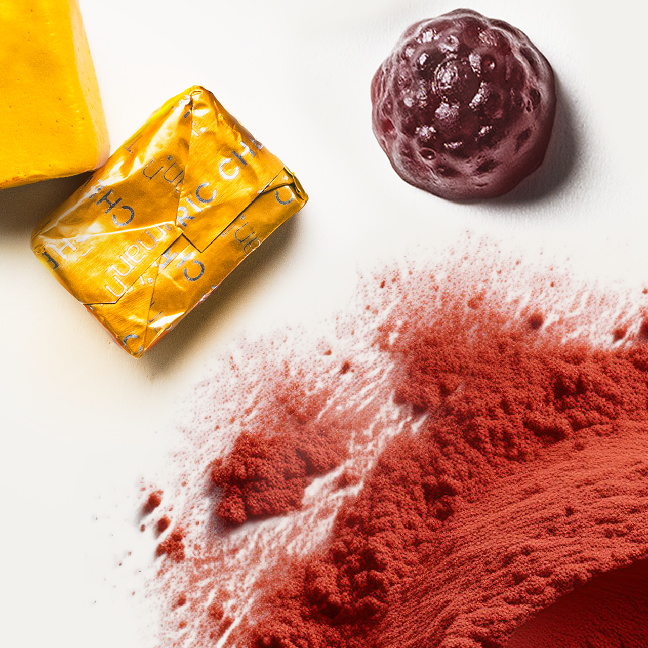 Chew, Gummy, and powder on a white background