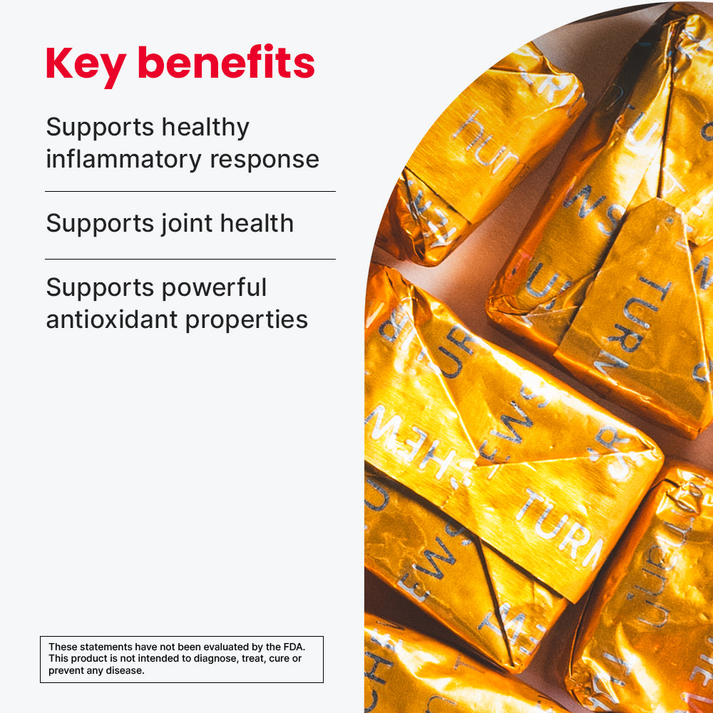 Turmeric chews with key benefits listed