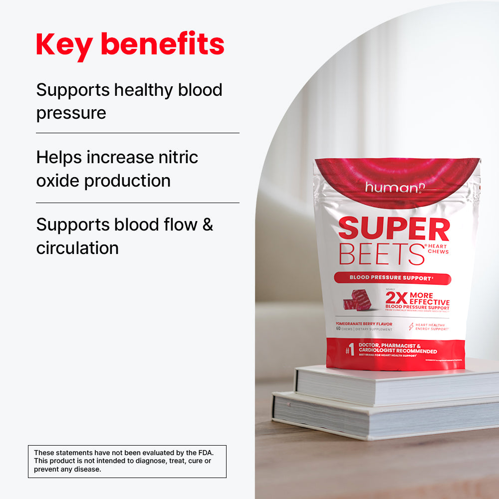 SuperBeets Heart Chews bag with text listing key benefits