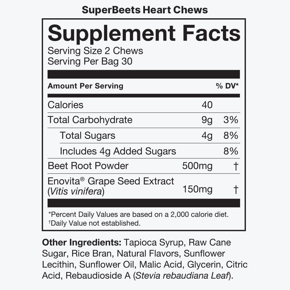 Supplement Facts label for SuperBeets Heart Chews