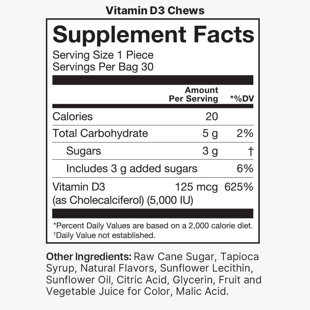 Supplement Facts label for D3 Chews